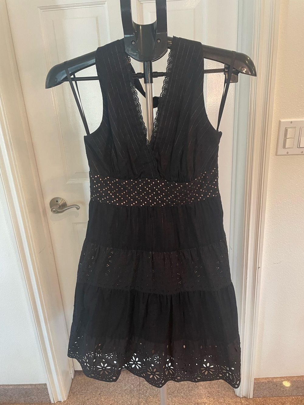 BCBG MaxAzria Black One-Shoulder Eyelet Tiered Dress with Embellished Waist